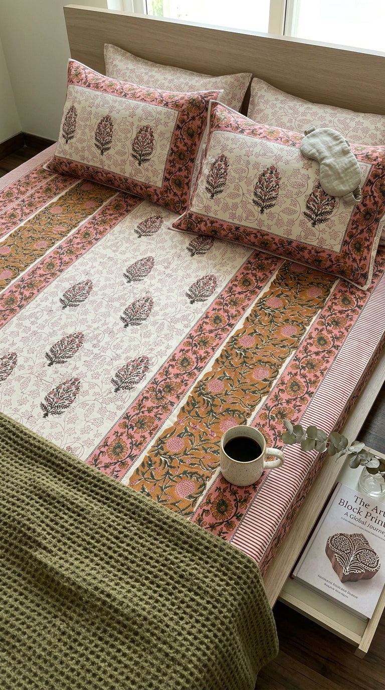 Cream & Rose Pink Floral Sanganeri hand block print cotton bedsheet set | Jaipur Indian hand block print bedsheet with pillow shams | House of Avana