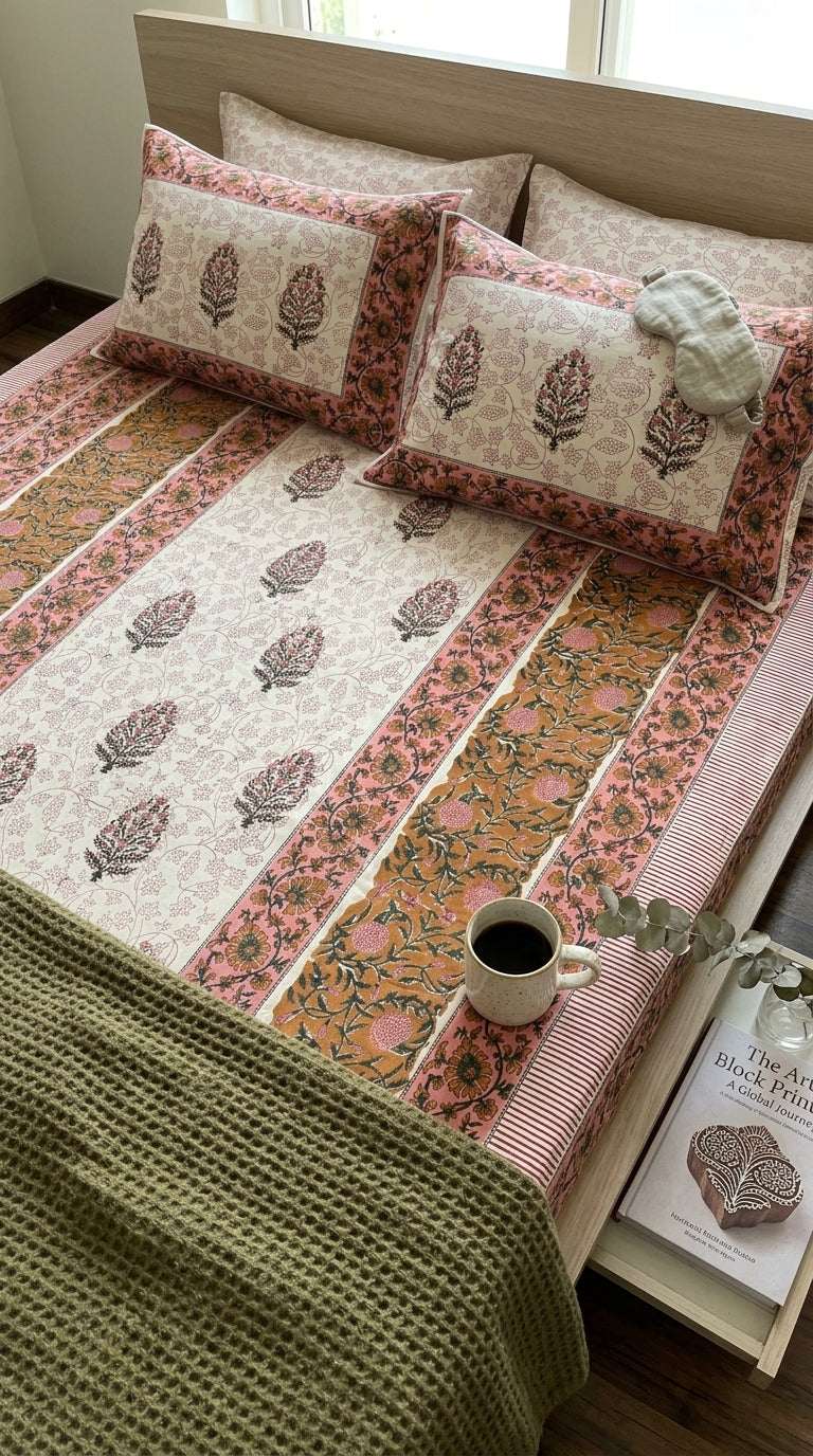 Cream & Rose Pink Floral Sanganeri hand block print cotton bedsheet set | Jaipur Indian hand block print bedsheet with pillow shams | House of Avana [[SKU:HOA-IND-BS-RPGN-002]]