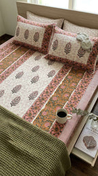Cream & Rose Pink Floral Sanganeri hand block print cotton bedsheet set | Jaipur Indian hand block print bedsheet with pillow shams | House of Avana [[SKU:HOA-IND-BS-RPGN-002]]