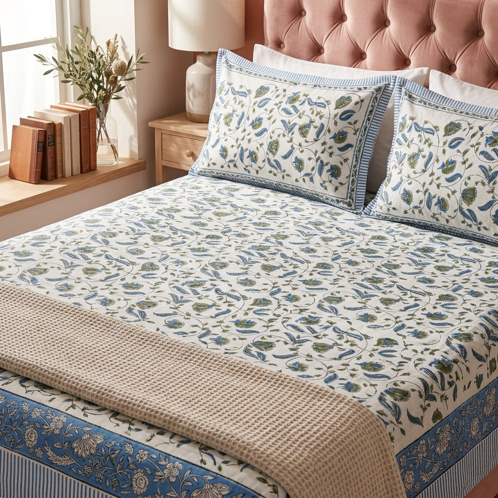 Cream & Blue Green Botanical Floral Sanganeri hand block print cotton bedsheet set | Jaipur Indian hand block print bedsheet with pillow shams | House of Avana