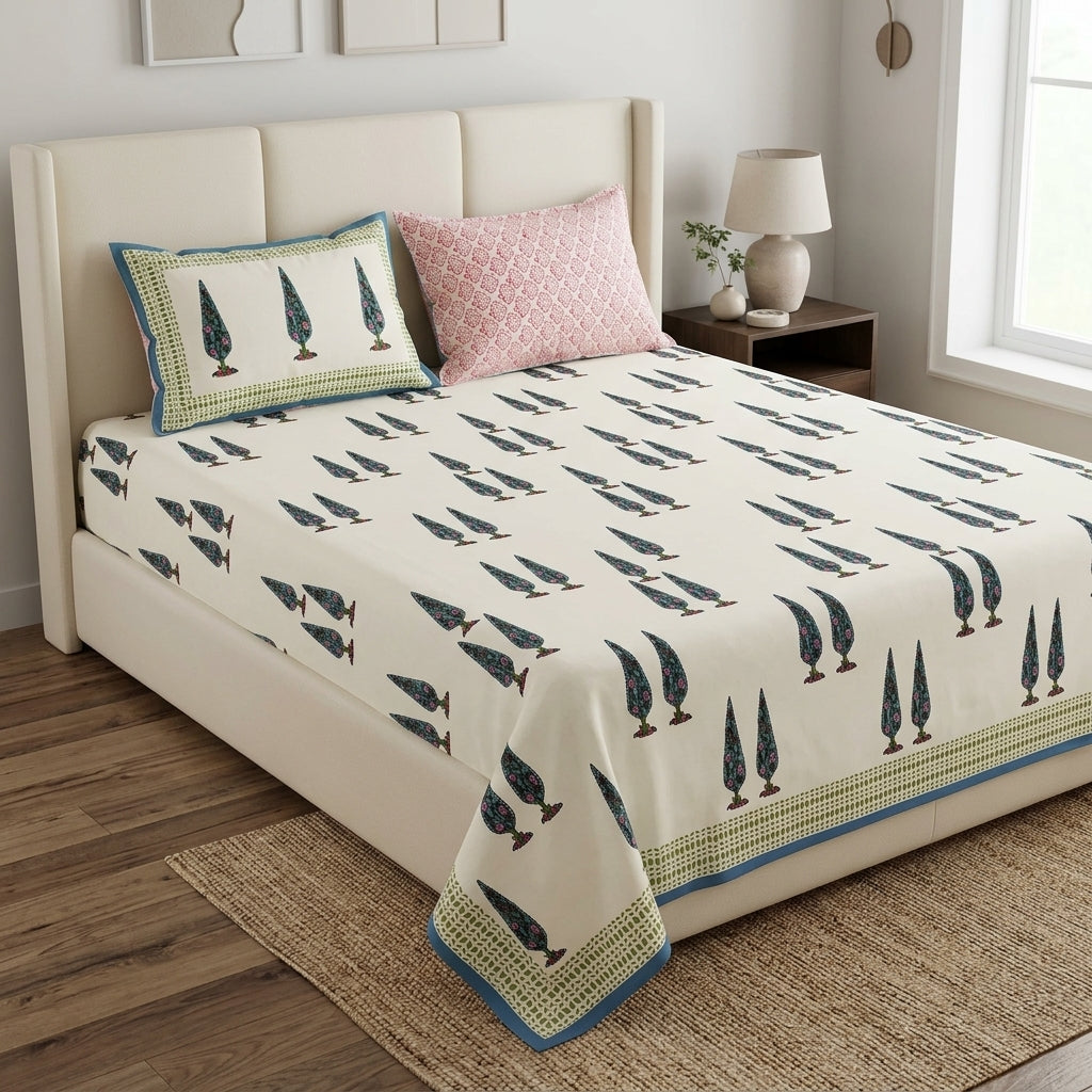 White & Green Cypress Tree Sanganeri hand block print cotton bedsheet set | Jaipur Indian hand block print bedsheet with pillow shams | House of Avana