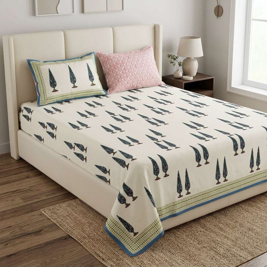 White & Green Cypress Tree Sanganeri hand block print cotton bedsheet set | Jaipur Indian hand block print bedsheet with pillow shams | House of Avana [[SKU:HOA-IND-BS-GNCY-012]]