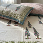 White & Green Cypress Tree Sanganeri hand block print cotton bedsheet set | Jaipur Indian hand block print bedsheet with pillow shams | House of Avana