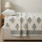 White & Grey Sage Green Buti Sanganeri hand block print cotton bedsheet set | Jaipur Indian hand block print bedsheet with pillow shams | House of Avana