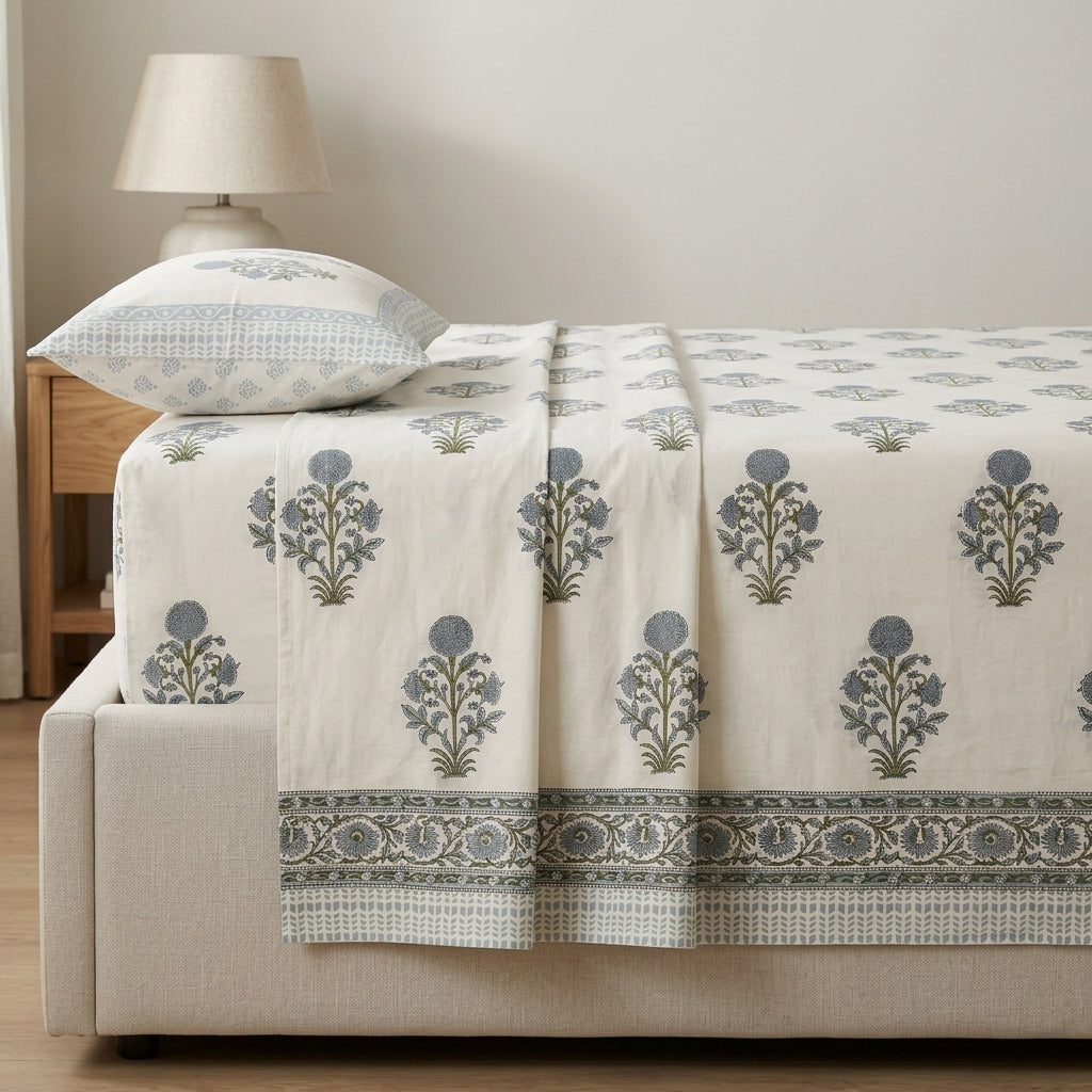 White & Grey Sage Green Buti Sanganeri hand block print cotton bedsheet set | Jaipur Indian hand block print bedsheet with pillow shams | House of Avana