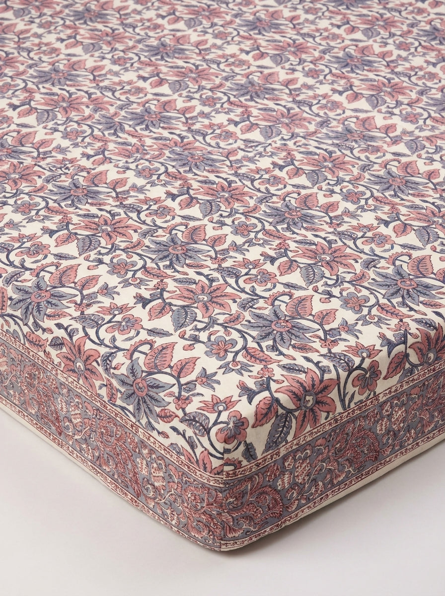 Cream & Rust Blue Vintage Floral Sanganeri hand block print cotton bedsheet set | Jaipur Indian hand block print bedsheet with pillow shams | House of Avana