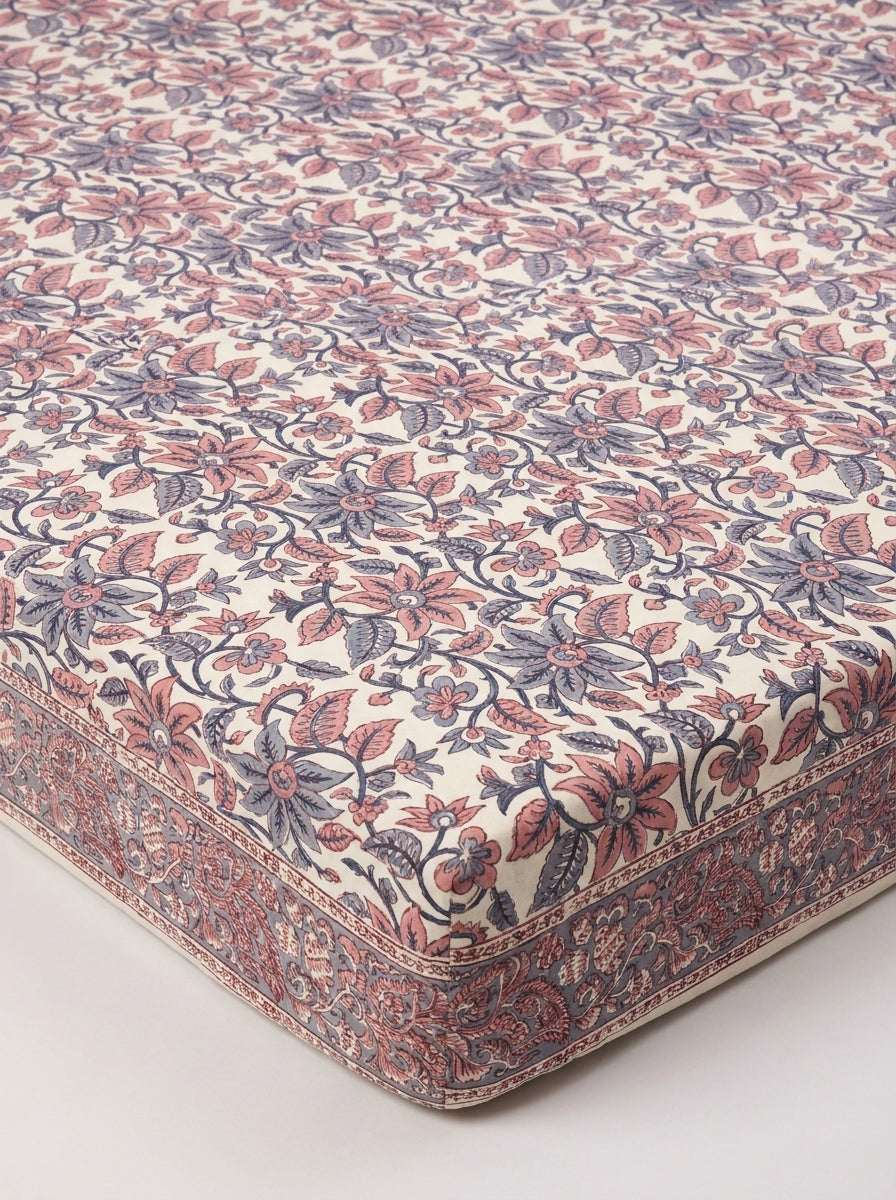 Cream & Rust Blue Vintage Floral Sanganeri hand block print cotton bedsheet set | Jaipur Indian hand block print bedsheet with pillow shams | House of Avana [[SKU:HOA-IND-BS-RUBL-008]]