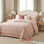 Cream & Coral Pink Floral Jaipur Indian hand block print floral quilted comforter | Jaipur Indian hand block print cotton muslin quilted comforter | Sanganer floral block print bedding | Queen King size quilt India | House of Avana