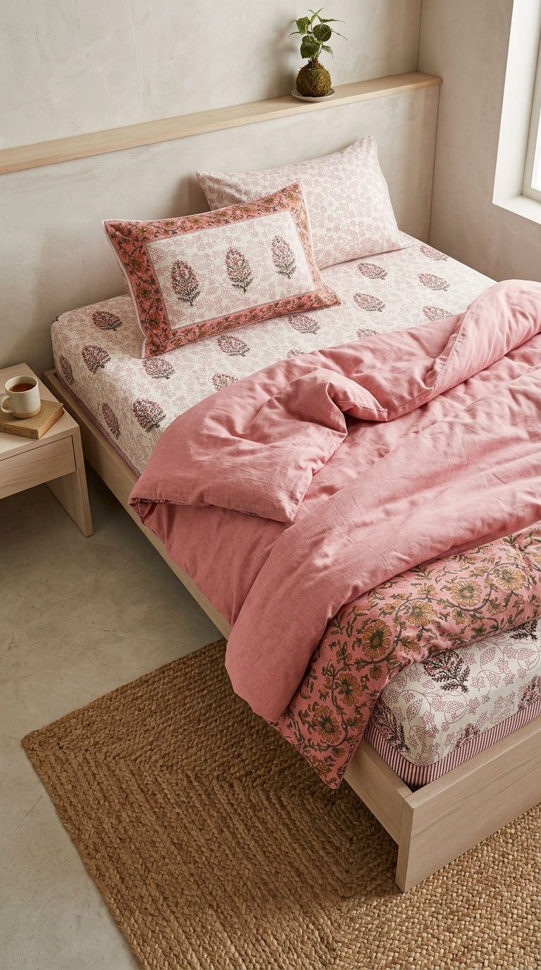 Cream & Rose Pink Floral Sanganeri hand block print cotton bedsheet set | Jaipur Indian hand block print bedsheet with pillow shams | House of Avana
