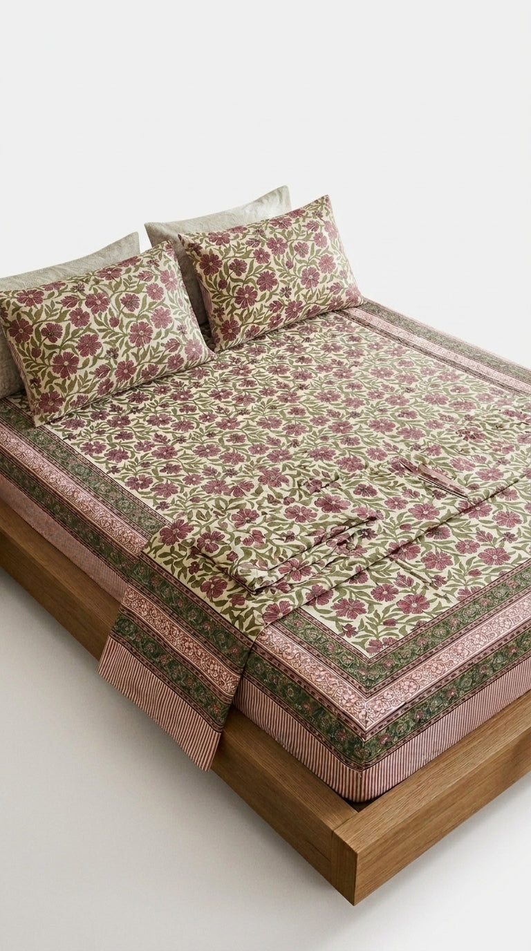 Cream & Magenta Pink Green Floral Sanganeri hand block print cotton bedsheet set | Jaipur Indian hand block print bedsheet with pillow shams | House of Avana