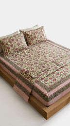Cream & Magenta Pink Green Floral Sanganeri hand block print cotton bedsheet set | Jaipur Indian hand block print bedsheet with pillow shams | House of Avana [[SKU:HOA-IND-BS-MGGN-003]]
