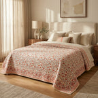 Cream & Coral Pink Floral Jaipur Indian hand block print floral quilted comforter | Jaipur Indian hand block print cotton muslin quilted comforter | Sanganer floral block print bedding | Queen King size quilt India | House of Avana