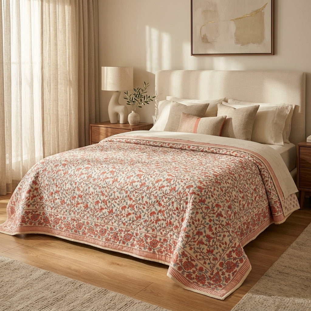 Cream & Coral Pink Floral Jaipur Indian hand block print floral quilted comforter | Jaipur Indian hand block print cotton muslin quilted comforter | Sanganer floral block print bedding | Queen King size quilt India | House of Avana