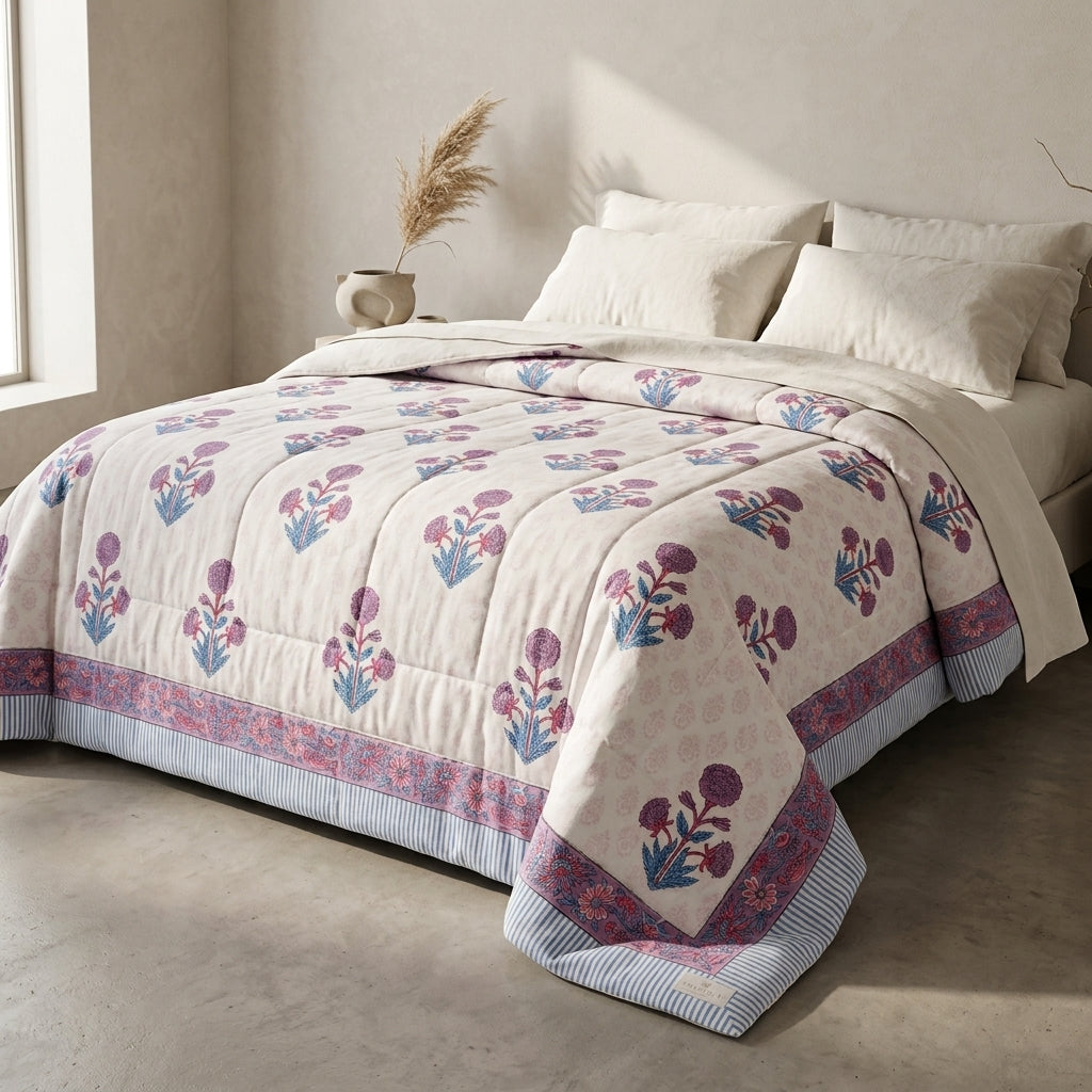 Cream & Purple & Blue Floral Jaipur Indian hand block print floral quilted comforter | Jaipur Indian hand block print cotton muslin quilted comforter | Sanganer floral block print bedding | Queen King size quilt India | House of Avana