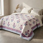 Cream & Purple & Blue Floral Jaipur Indian hand block print floral quilted comforter | Jaipur Indian hand block print cotton muslin quilted comforter | Sanganer floral block print bedding | Queen King size quilt India | House of Avana