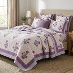 Cream & Purple Blue Mughal Floral Sanganeri hand block print cotton bedsheet set | Jaipur Indian hand block print bedsheet with pillow shams | House of Avana
