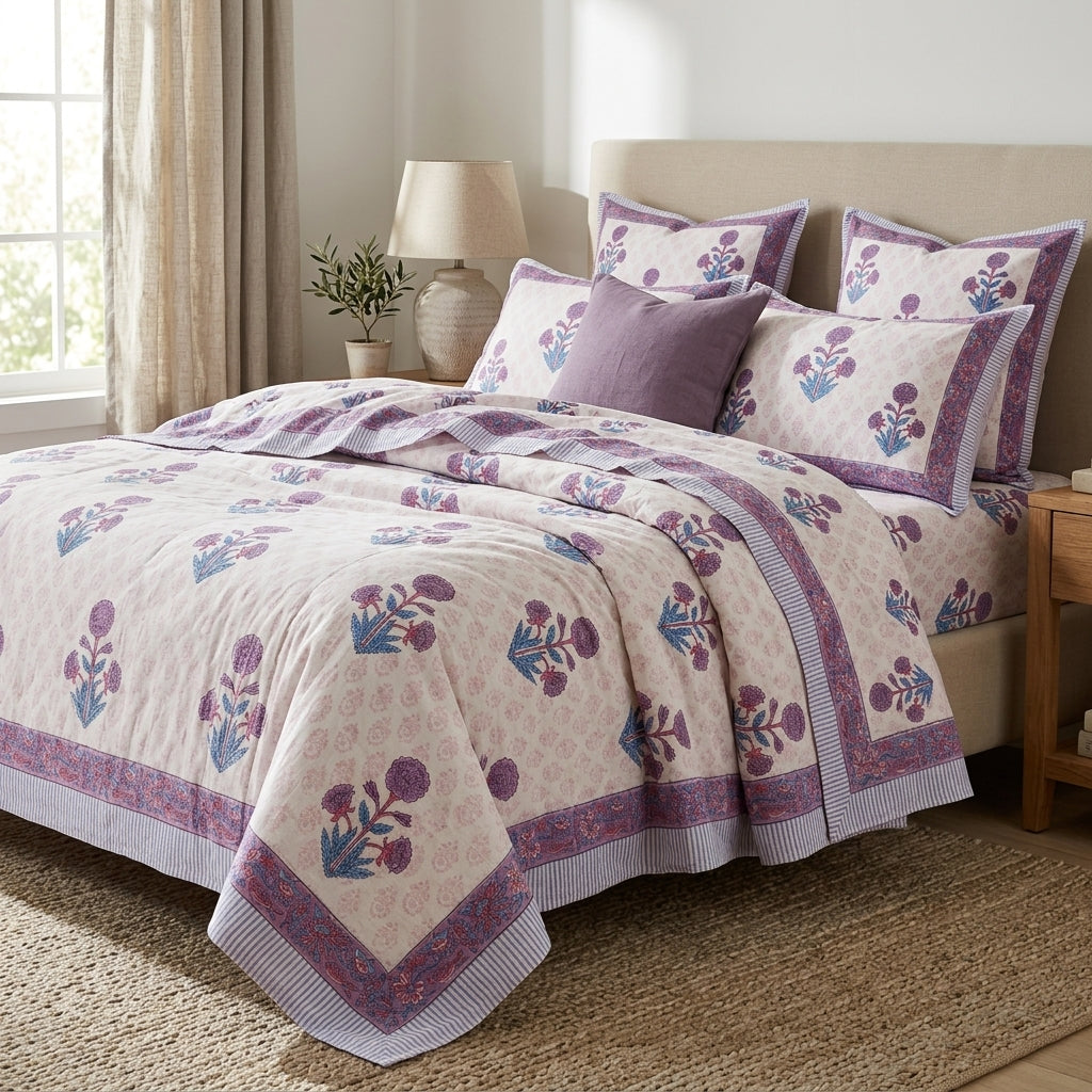 Cream & Purple Blue Mughal Floral Sanganeri hand block print cotton bedsheet set | Jaipur Indian hand block print bedsheet with pillow shams | House of Avana