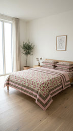 Cream & Magenta Pink Green Floral Sanganeri hand block print cotton bedsheet set | Jaipur Indian hand block print bedsheet with pillow shams | House of Avana