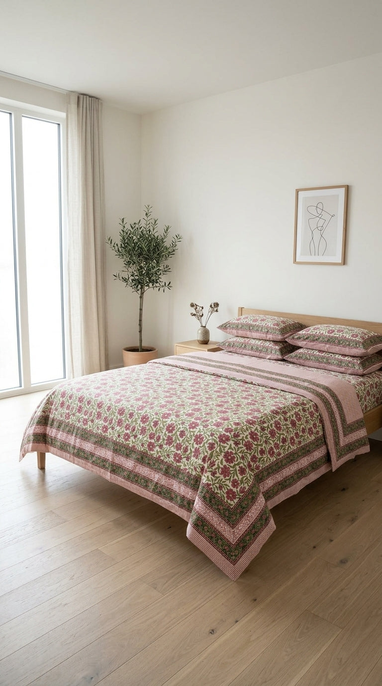 Cream & Magenta Pink Green Floral Sanganeri hand block print cotton bedsheet set | Jaipur Indian hand block print bedsheet with pillow shams | House of Avana