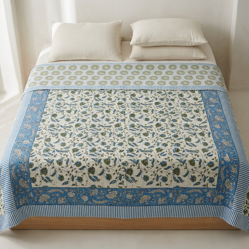 Cream & Blue Green Botanical Floral Sanganeri hand block print cotton bedsheet set | Jaipur Indian hand block print bedsheet with pillow shams | House of Avana