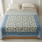 Cream & Blue Green Botanical Floral Sanganeri hand block print cotton bedsheet set | Jaipur Indian hand block print bedsheet with pillow shams | House of Avana