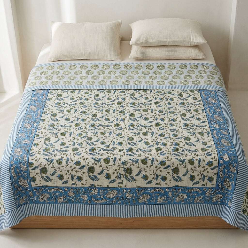 Cream & Blue Green Botanical Floral Sanganeri hand block print cotton bedsheet set | Jaipur Indian hand block print bedsheet with pillow shams | House of Avana [[SKU:HOA-IND-BS-BLGN-009]]