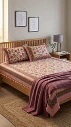 Cream & Magenta Pink Green Floral Sanganeri hand block print cotton bedsheet set | Jaipur Indian hand block print bedsheet with pillow shams | House of Avana