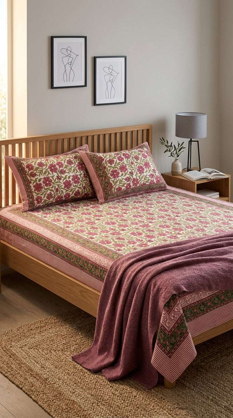 Cream & Magenta Pink Green Floral Sanganeri hand block print cotton bedsheet set | Jaipur Indian hand block print bedsheet with pillow shams | House of Avana [[SKU:HOA-IND-BS-MGGN-003]]
