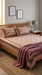 Cream & Magenta Pink Green Floral Sanganeri hand block print cotton bedsheet set | Jaipur Indian hand block print bedsheet with pillow shams | House of Avana [[SKU:HOA-IND-BS-MGGN-003]]