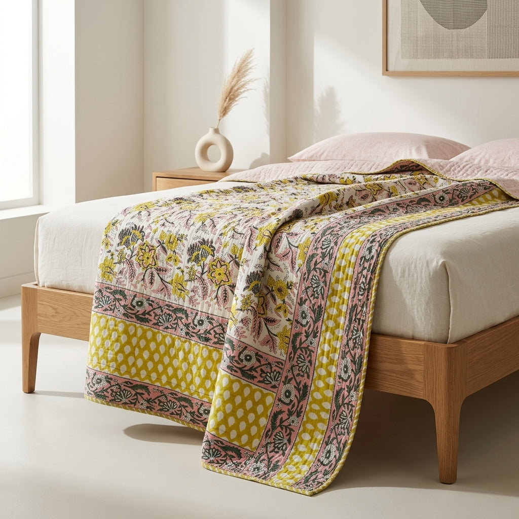 Cream & Mustard Yellow & Pink Floral Jaipur Indian hand block print floral quilted comforter | Jaipur Indian hand block print cotton muslin quilted comforter | Sanganer floral block print bedding | Queen King size quilt India | House of Avana