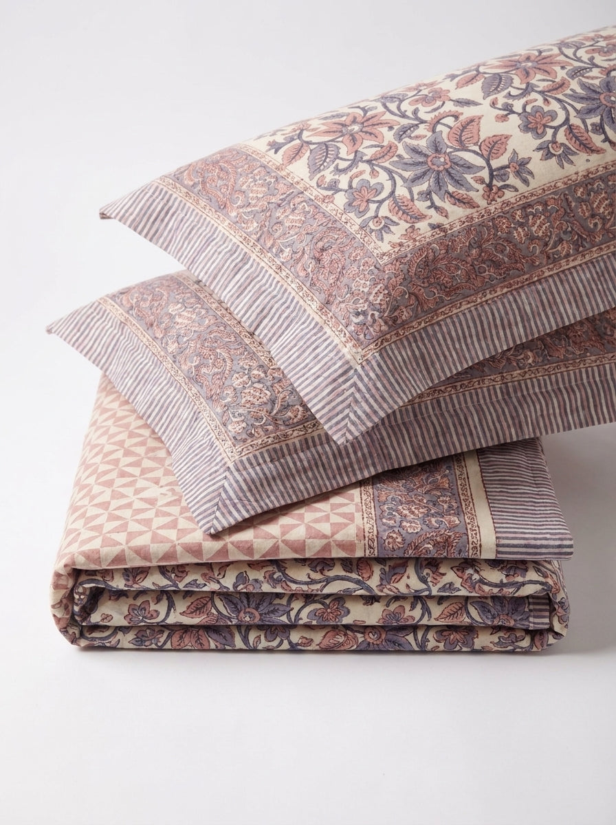 Cream & Rust Blue Vintage Floral Sanganeri hand block print cotton bedsheet set | Jaipur Indian hand block print bedsheet with pillow shams | House of Avana