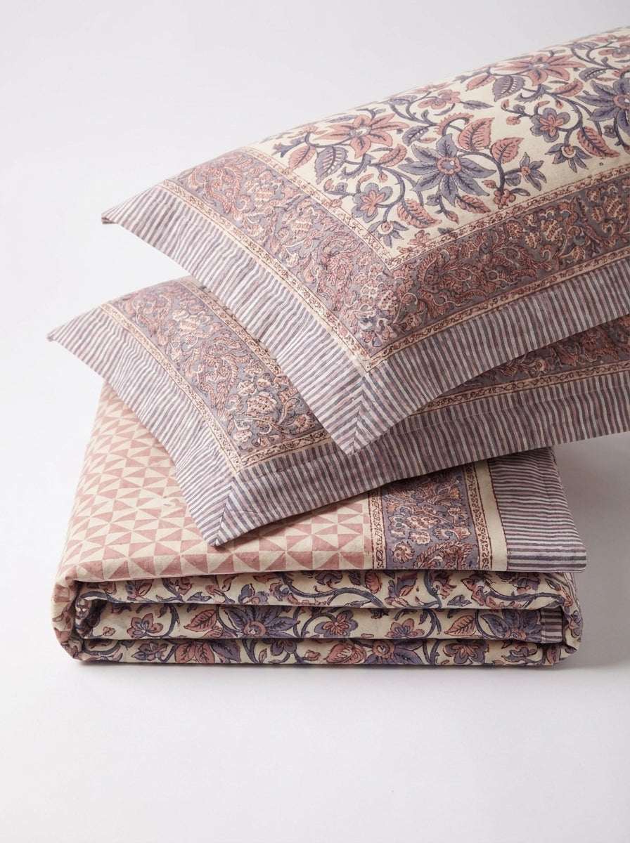 Cream & Rust Blue Vintage Floral Sanganeri hand block print cotton bedsheet set | Jaipur Indian hand block print bedsheet with pillow shams | House of Avana [[SKU:HOA-IND-BS-RUBL-008]]