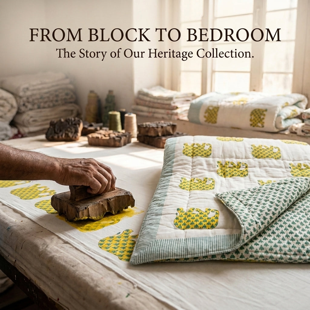 Cream & Olive Green & Mustard Floral Jaipur Indian hand block print botanical quilted comforter | Jaipur Indian hand block print cotton muslin quilted comforter | Sanganer botanical block print bedding | Queen King size quilt India | House of Avana