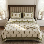 Cream & Olive Green Buti Floral Sanganeri hand block print cotton bedsheet set | Jaipur Indian hand block print bedsheet with pillow shams | House of Avana