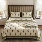 Cream & Olive Green Buti Floral Sanganeri hand block print cotton bedsheet set | Jaipur Indian hand block print bedsheet with pillow shams | House of Avana [[SKU:HOA-IND-BS-OGGN-014]]