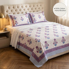 Cream & Purple Blue Mughal Floral Sanganeri hand block print cotton bedsheet set | Jaipur Indian hand block print bedsheet with pillow shams | House of Avana