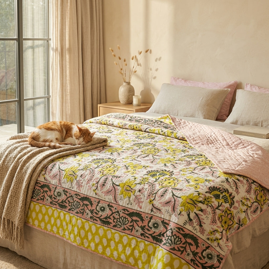 Cream & Mustard Yellow & Pink Floral Jaipur Indian hand block print floral quilted comforter | Jaipur Indian hand block print cotton muslin quilted comforter | Sanganer floral block print bedding | Queen King size quilt India | House of Avana