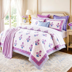 Cream & Purple & Blue Floral Jaipur Indian hand block print floral quilted comforter | Jaipur Indian hand block print cotton muslin quilted comforter | Sanganer floral block print bedding | Queen King size quilt India | House of Avana