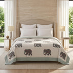 Cream & Grey Elephant Jaipur Indian hand block print elephant quilted comforter | Jaipur Indian hand block print cotton muslin quilted comforter | Sanganer elephant block print bedding | Queen King size quilt India | House of Avana