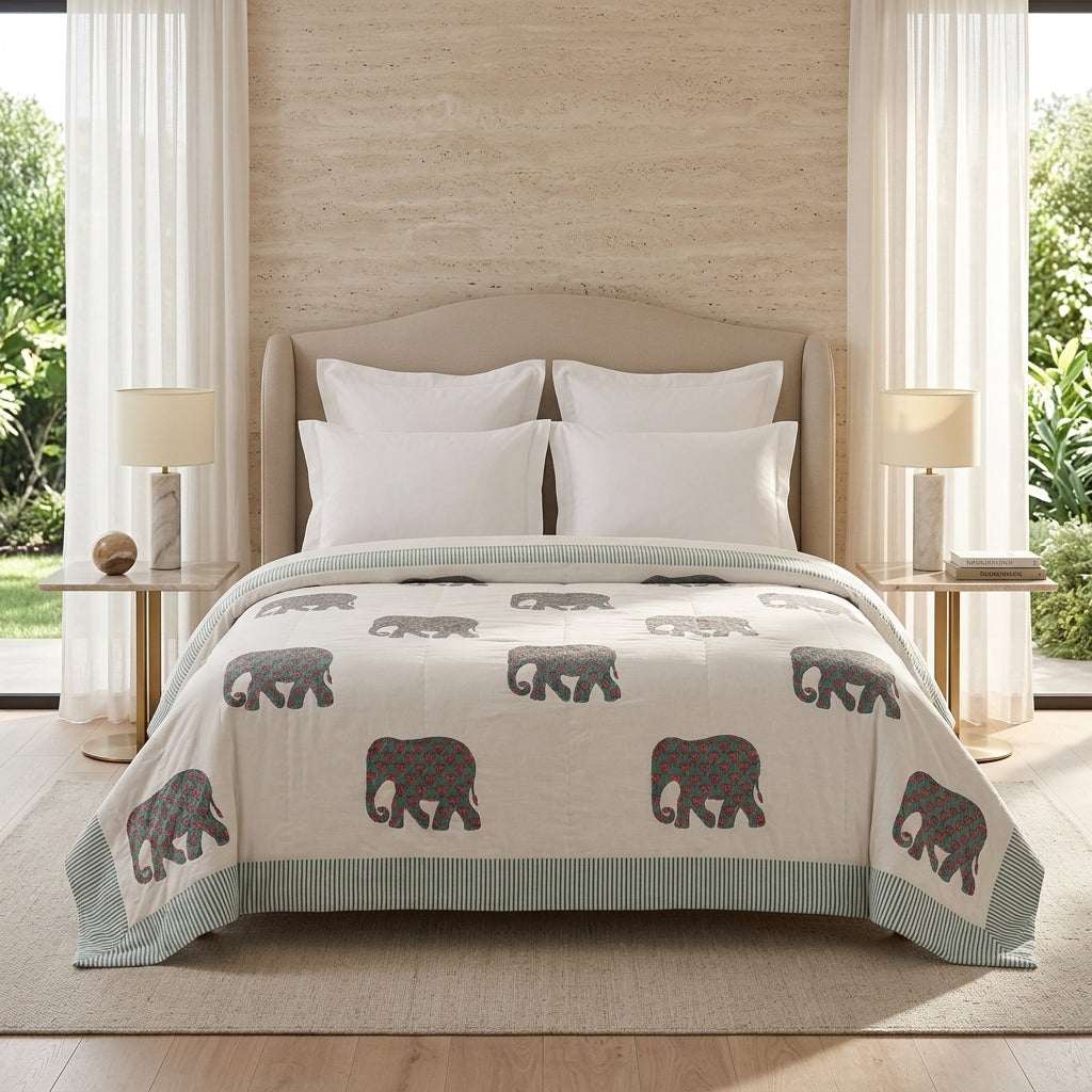 Cream & Grey Elephant Jaipur Indian hand block print elephant quilted comforter | Jaipur Indian hand block print cotton muslin quilted comforter | Sanganer elephant block print bedding | Queen King size quilt India | House of Avana [[SKU:HOA-COM-GYTL-034]]