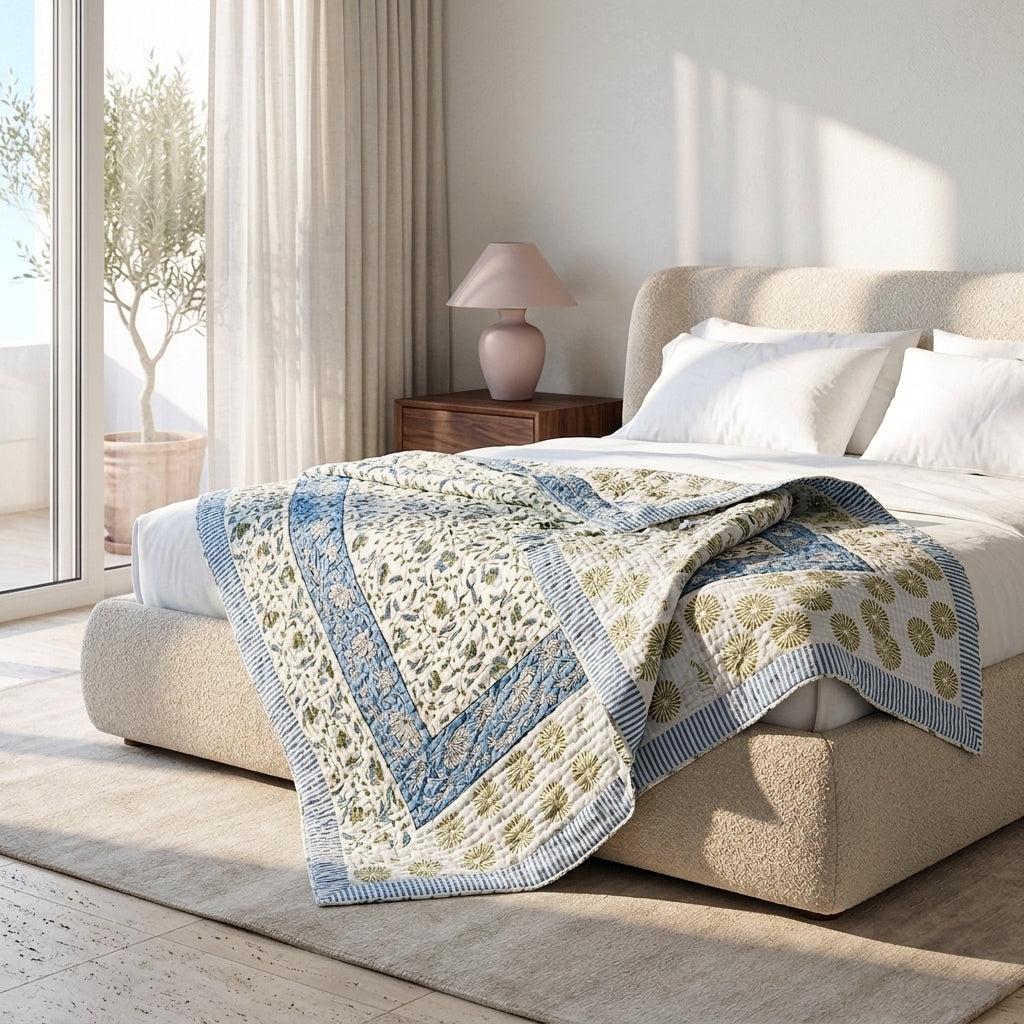 Cream & Blue & Green Floral Jaipur Indian hand block print floral quilted comforter | Jaipur Indian hand block print cotton muslin quilted comforter | Sanganer floral block print bedding | Queen King size quilt India | House of Avana