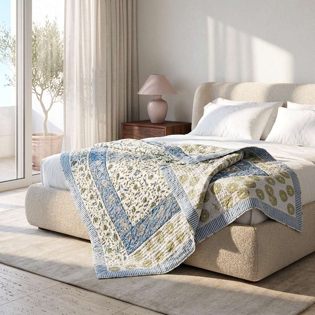 Cream & Blue & Green Floral Jaipur Indian hand block print floral quilted comforter | Jaipur Indian hand block print cotton muslin quilted comforter | Sanganer floral block print bedding | Queen King size quilt India | House of Avana [[SKU:HOA-COM-BLGN-037]]