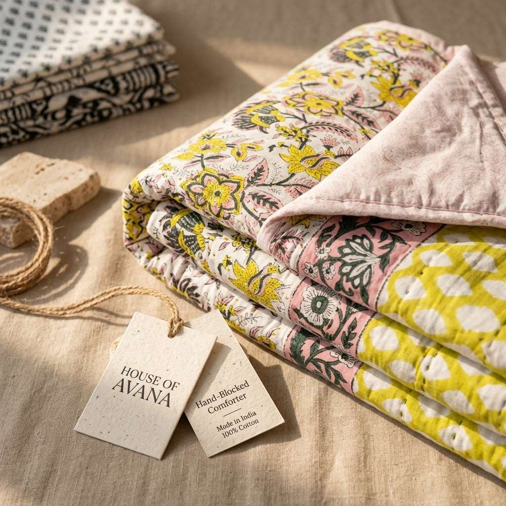 Cream & Mustard Yellow & Pink Floral Jaipur Indian hand block print floral quilted comforter | Jaipur Indian hand block print cotton muslin quilted comforter | Sanganer floral block print bedding | Queen King size quilt India | House of Avana [[SKU:HOA-COM-MYPK-032]]