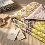 Cream & Mustard Yellow & Pink Floral Jaipur Indian hand block print floral quilted comforter | Jaipur Indian hand block print cotton muslin quilted comforter | Sanganer floral block print bedding | Queen King size quilt India | House of Avana [[SKU:HOA-COM-MYPK-032]]