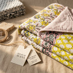 Cream & Mustard Yellow & Pink Floral Jaipur Indian hand block print floral quilted comforter | Jaipur Indian hand block print cotton muslin quilted comforter | Sanganer floral block print bedding | Queen King size quilt India | House of Avana