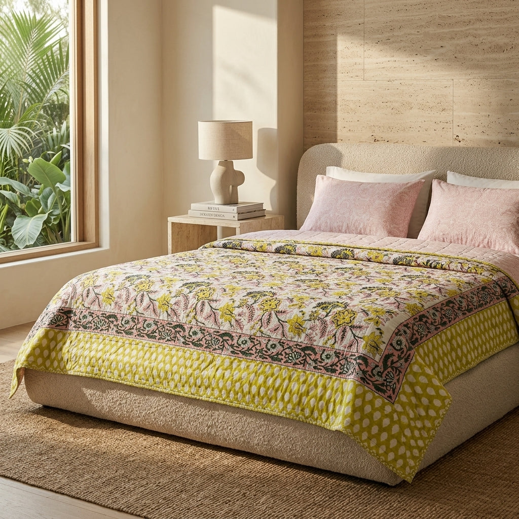 Cream & Mustard Yellow & Pink Floral Jaipur Indian hand block print floral quilted comforter | Jaipur Indian hand block print cotton muslin quilted comforter | Sanganer floral block print bedding | Queen King size quilt India | House of Avana