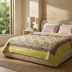 Cream & Mustard Yellow & Pink Floral Jaipur Indian hand block print floral quilted comforter | Jaipur Indian hand block print cotton muslin quilted comforter | Sanganer floral block print bedding | Queen King size quilt India | House of Avana