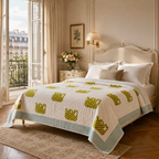 Cream & Olive Green & Mustard Floral Jaipur Indian hand block print botanical quilted comforter | Jaipur Indian hand block print cotton muslin quilted comforter | Sanganer botanical block print bedding | Queen King size quilt India | House of Avana