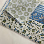 Cream & Blue & Green Floral Jaipur Indian hand block print floral quilted comforter | Jaipur Indian hand block print cotton muslin quilted comforter | Sanganer floral block print bedding | Queen King size quilt India | House of Avana