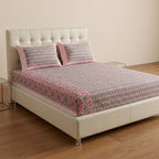Cream & Dusty Pink Grey Paisley Sanganeri hand block print cotton bedsheet set | Jaipur Indian hand block print bedsheet with pillow shams | House of Avana
